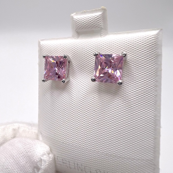 7mm Square Pink Cz .925 Sterling Silver Earrings - Picture 8 of 13